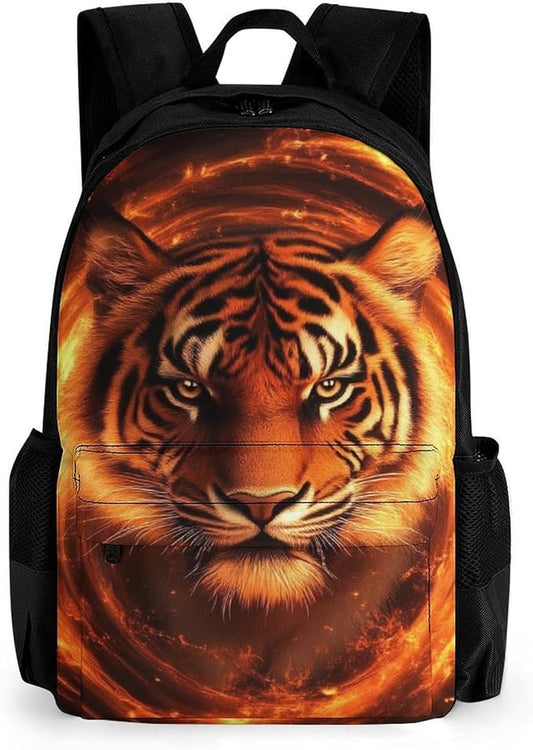 Daypack Backpack Multipurpose Anti-Theft Large Capacity Bookbag, Wild Angry Animal King Fire Flame Tiger Travel Hiking Camping Rucksack With Adjustable Shoulder Straps