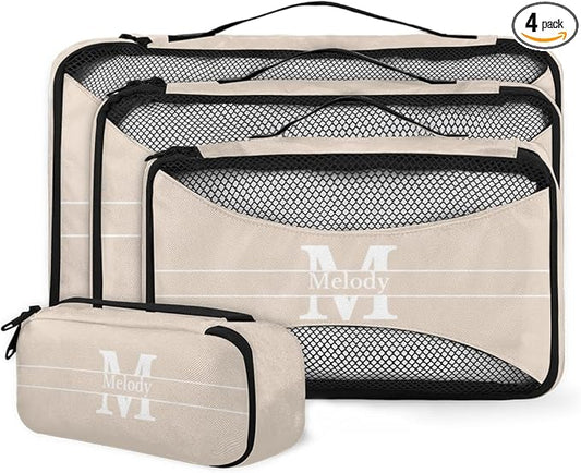 Personalized Compression Packing Cubes with Name Initial Letter, Beige Color 4 Set Mesh Travel Organizer Bags for Carry on, Luggage, Suitcase