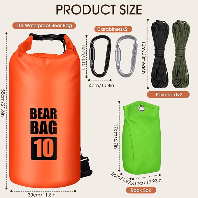Bear Food Bag Hanging System, Bear Bags for Food Backpacking, Ultralight 10L Waterproof Camping Bear Proof Food Storage Canister Pulley System with Paracord, Carabiner, Throw Bag