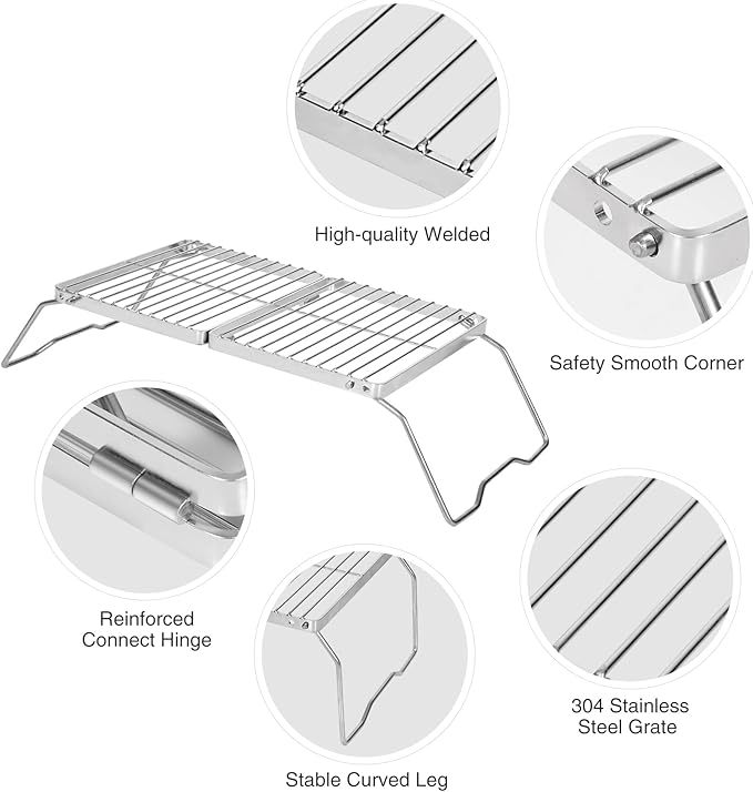 REDCAMP Folding Campfire Grill 304 Stainless Steel Grate, Adjustable Height Portable Camping Grill with Carrying Bag for Outdoor Cooking BBQ
