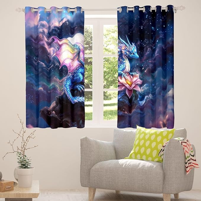Manfei Magic Dragon Blackout Curtains Pink Lotus Flower Window Drapes,Cartoon Wild Animal Theme Window Treatments,Kids Boys Girls Room Decor,Grommet Top 2 Panel Set Bedroom Curtains, 38Wx45L inch