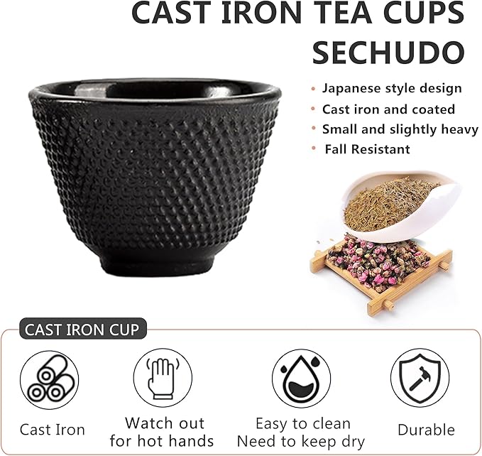 Japanese Cast Iron Tea Cups, Small and Heavy Teacups with no Handles, Japanese Style Cup for Adults, Asian Teacup, Coated with Enameled Interior, 4 Pcs/Box (Black, 3.38oz/100ml)