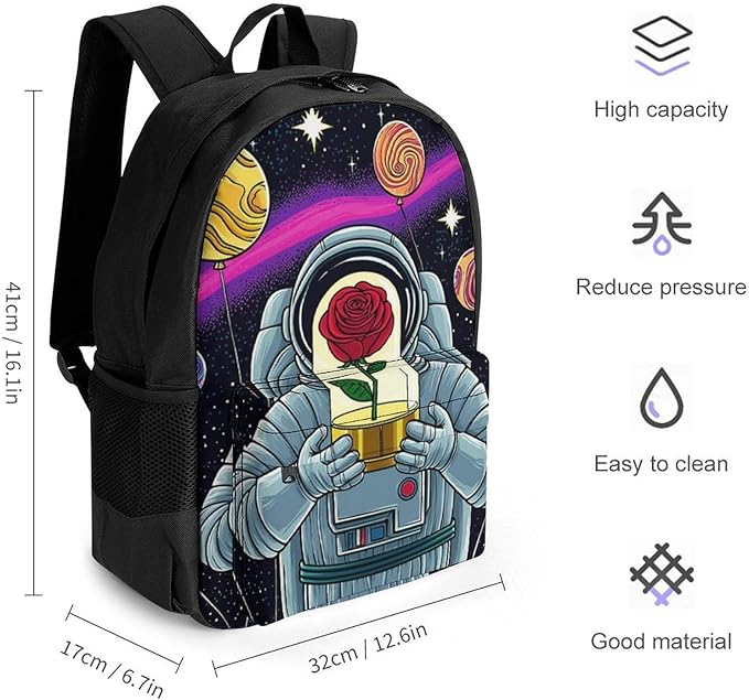 Supdreamc Rucksacks Lightweight Multipurpose Anti-Theft Astronaut Starry Sky Roses Colorful Planet Art Shoulder Bag Big Capacity Traveling Camping Backpack With Side Pockets