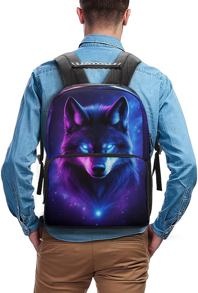 Daypack Backpack Polyester Anti-Theft Multipurpose Purple Universe Galaxy Magic Wolf In The Space Bookbag Big Capacity Travel Hiking Camping Rucksack With Smooth Zippers
