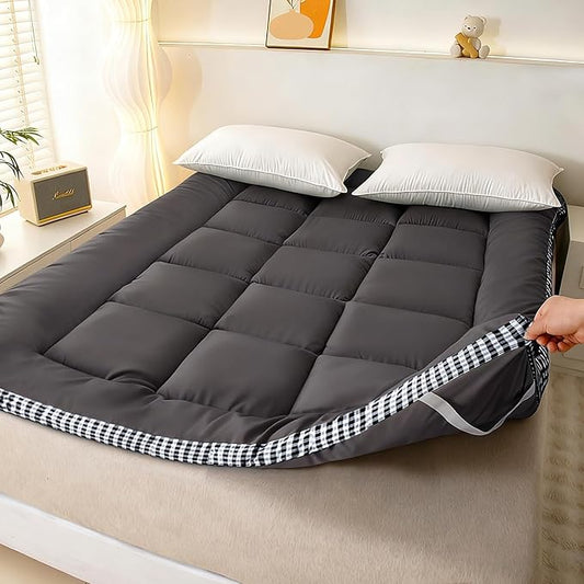 Thick Mattress Topper Full Size - Non-Slip Mattress Pad Cover for Back Pain Breathable Folding Sleeping Pad Machine Washable Mattress Protector (54x75 inch,Black)