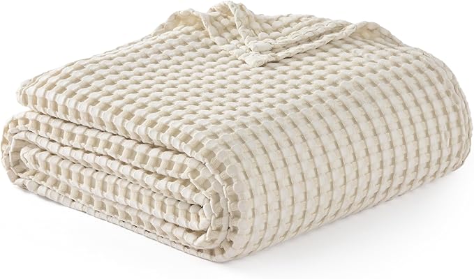 Bedsure Cooling Cotton Waffle Queen Size Blanket - Lightweight Breathable Blanket of Rayon Derived from Bamboo for Hot Sleepers, Light Beige, 90x90 Inches