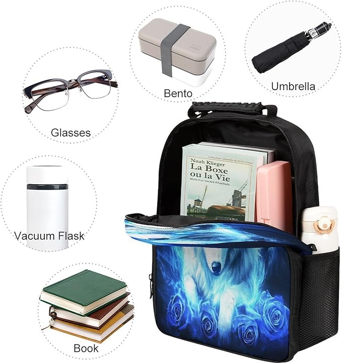 Lightweight Rucksacks for Camping Picnic Walking Cycling, Large Capacity Multipurpose Anti-Theft Carry On Bag, Blue Fire Flame Rose Wolf Travel Hiking Camping Rucksack