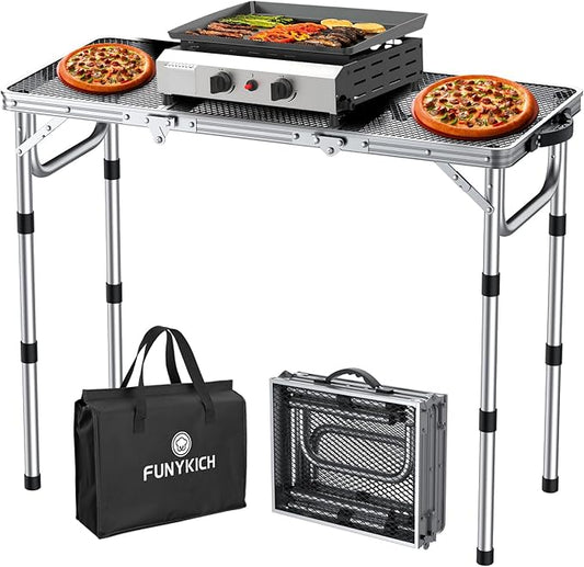 FUNYKICH 3ft Folding Grill Table for Outside 34.2''x15.7'', 3 Height Adjustable Portable Camping Tables, Lightweight Metal Aluminum Outdoor Table with Carry Handle for Camping, Picnic, BBQ, Silver