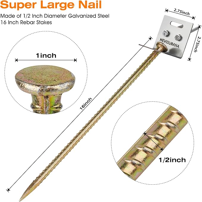 Ground Anchors 16" Large Ground Nail Stake with Brackets 8pcs Earth Anchors Mobile Home Storage Shed Anchor Kit Swing Set Anchors for Metal Swing Set Playset Tie Down