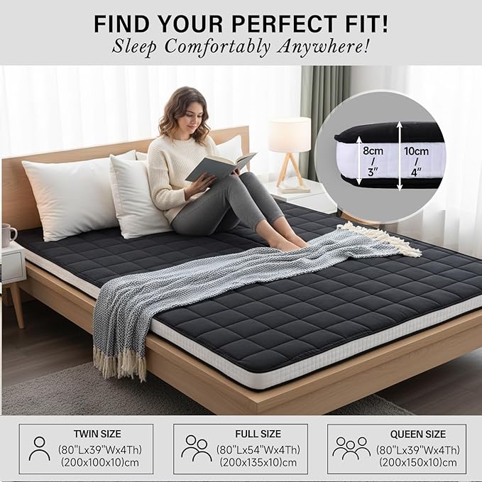 Tiita Japanese Floor Mattress, 4” Thicken Futon Mattress with Storage Bag and 2 Straps, Full Size Sleeping Tatami Mat for Adults，Black