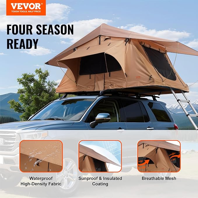VEVOR Rooftop Tent Hard Shell, 2-3 Person Aluminum Roof Top Tent Hardshell with Tri-Color LED Light, Thick Mattress & 1 Window, Waterproof Windproof Overland Camping Car Roof Rack for Jeep SUV Pickup