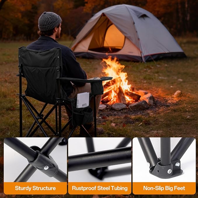 Heated Camping Chairs, Foldable Camping Chairs with 2 Cup Holders for Outdoor Sports,Folding Chair with 3 Heating Level for Back and Seat, Supports 300Lbs, Battery Not Include, Black & Grey