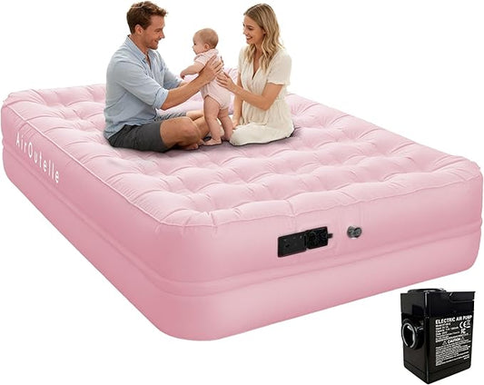 Queen Air Mattress with Built-in Rechargeable Battery Pump, Cooling Pongee Fabric Material, Waterproof & Leakproof Air Mattress Queen, Camping Airbed, (18", Pink)
