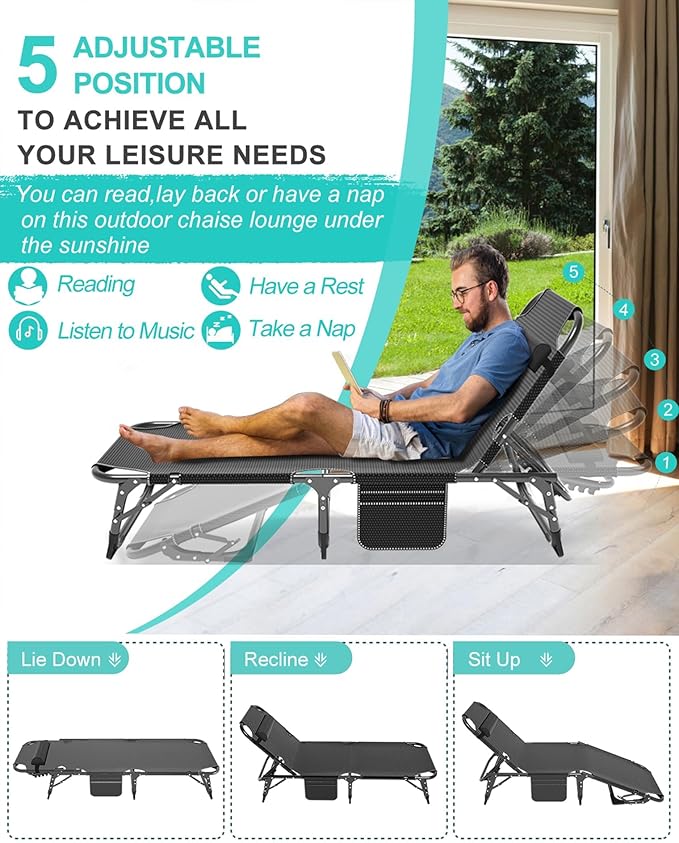 ABORON 3-in-1 Folding Lounge Chair with Padded Cushion, 440LB Heavy-Duty 3-Fold Adjustable Recliner & Guest Bed, No Assembly Portable Chaise Lounge for Patio, Poolside, Office Nap & Camping