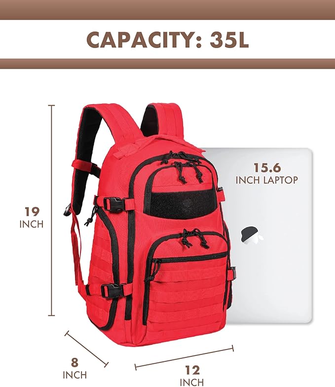 TRAILKICKER Military Tactical Backpack for Men, 35L Tactical Laptop Backpack, Tactical Bag Bug Out Bag, Army 3 Days Assault Pack - Red