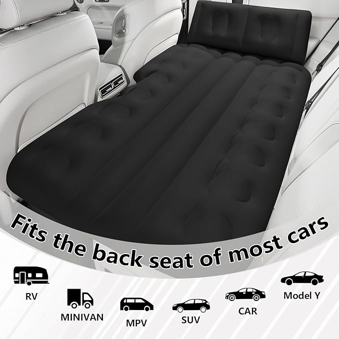 Car Air Mattress Back Seat Bed for Truck One-Piece Bed Pier Thickened Travel Airbed Blow up Mattress SUV Self Inflatable Camping Sleeping Pad with Wireless Air Pump & Pillow, Black