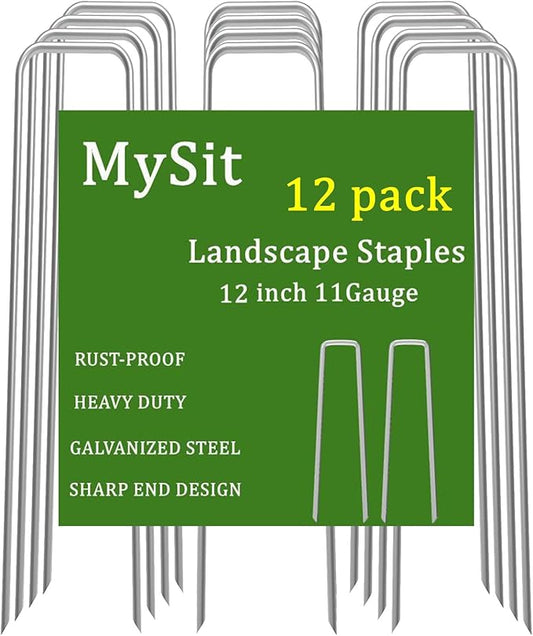 MySit 12" Garden Stakes Pins Landscape Staples 11Ga Tent Stakes 12 Pack, Heavy Duty Galvanized Steel Metal Yard Stakes Ground Lawn Staples Fence Anchors for Weed Barrier Fabric