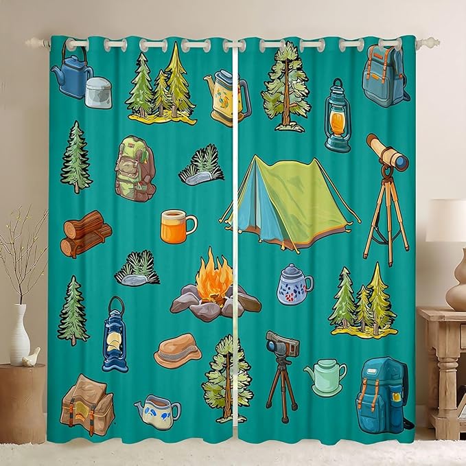 Feelyou Green Camper Theme Blackout Curtains Happy Camping Darkening Drapes for Bedroom Living Room Decor Adventure Camper Thermal Insulated Shades Window Treatments, 2 Panels 42 x 84 Inch