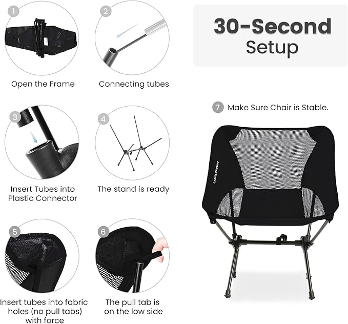 CAMEL CROWN Portable Camping Chair Lightweight Compact Folding Chair Mesh for Outdoor Camp Travel Beach Picnic Festival Hiking Backpacking Black