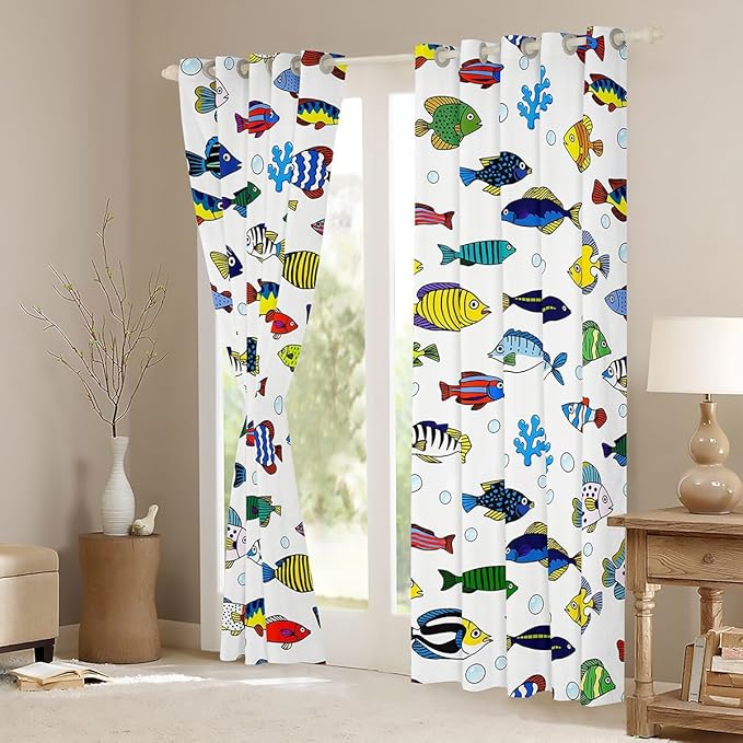 Manfei Cute Fish Blackout Curtains Marine Fish Animals Life Window Drapes,Ocean Fishing Theme Window Treatments,Kids Boys Girls Room Decor,Grommet Top 2 Panel Set Bedroom Curtains, 38Wx45L inch
