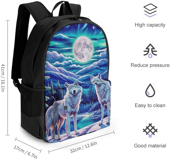 Supdreamc Backpack Multipurpose Anti-Theft Large Capacity Bookbag, Wolves Moon Aurora Art Travel Hiking Daypack With Side Pockets