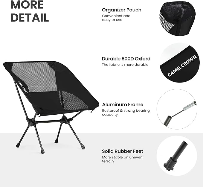 CAMEL CROWN Portable Camping Chair Lightweight Compact Folding Chair Mesh for Outdoor Camp Travel Beach Picnic Festival Hiking Backpacking Black