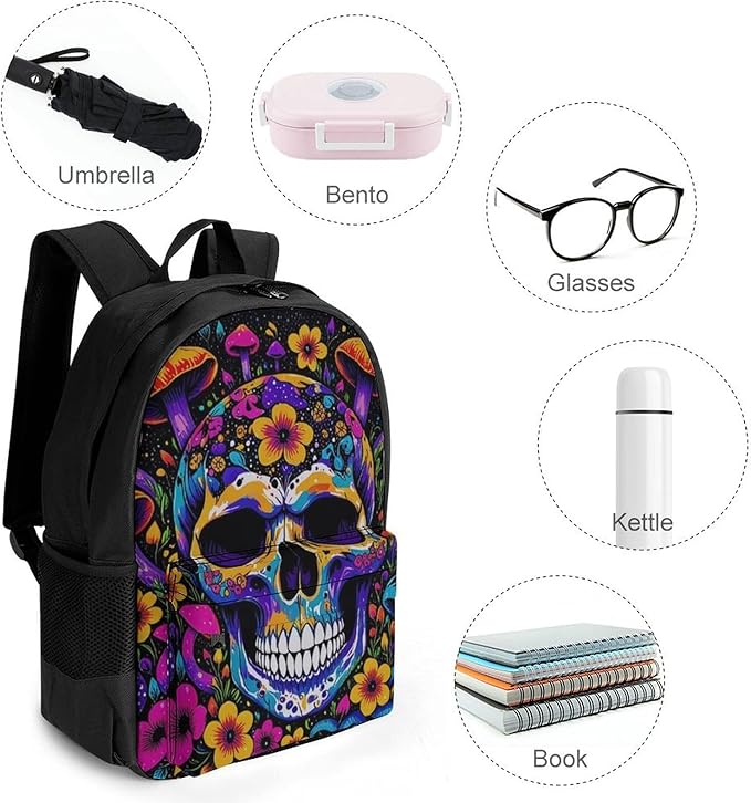 Lightweight Daypack Backpack for Trekking Work Running, Big Capacity Multipurpose Anti-Theft Bookbag, Trippy Skull Head Mushroom Art Business Computer Bag