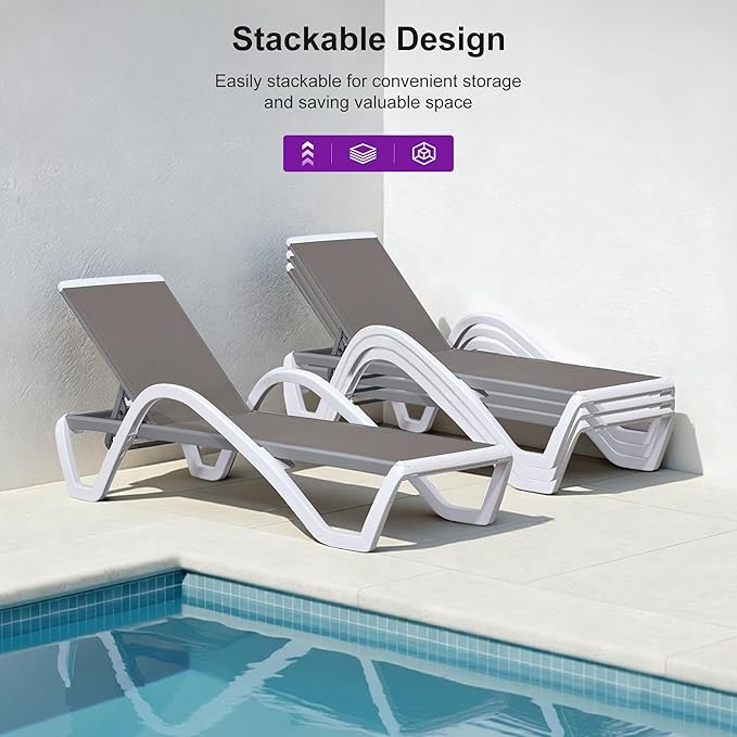 PURPLE LEAF Patio Chaise Lounge Chair with Armrests Outside Aluminum Plastic Stackable Tanning Chairs for Pool Sunbathing Beach Deck Outdoor Lounger, Taupe