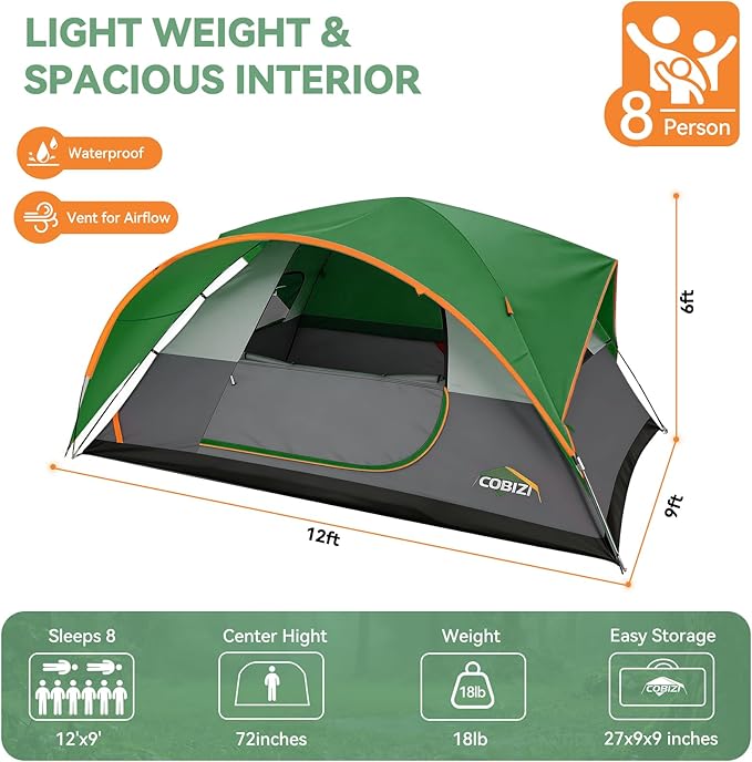 COBIZI 4-6-8-10 Person Camping Tent, Spacious Family Tents for Camping Ideal, Hiking, 3500mm Waterproof Double-Layer Windproof Tent for Hiking & Backpacking