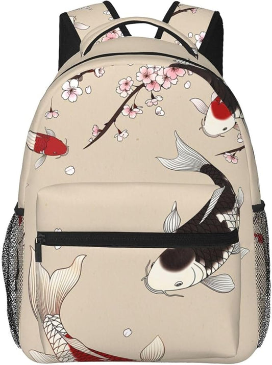 Men Women Lightweight Fish Carps Animals Wildlife Daypack Bookbag Big Capacity Carry On Bag With Side Pockets for Camping Travel Bicycle