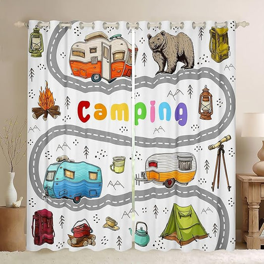 Feelyou Cute Rv Camping Camper Curtains for Bedroom Living Room Wildlife Animal Bear Blackout Shades Camping Adventure Room Darkening Curtain Window Treatments, 2 Panels 52 x 90 Inch Decor