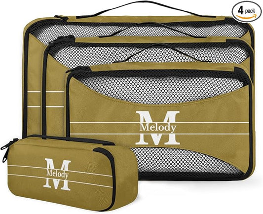 Personalized Compression Packing Cubes with Name, 4 Set Mesh Travel Organizer Bags for Carry on Women Men Boys, Luggage, Suitcase, Olive Green with Initial Letter