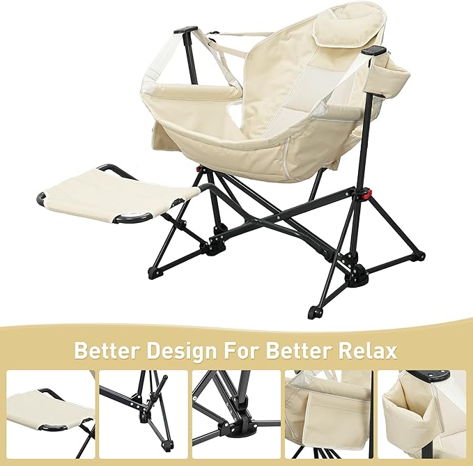 Ainfox Hammock Camping Chair with Footrest, Heavy Duty Foldable Portable Rocking Hammock Chairs Outside Swinging Camp with Cup Holder Pillow for Outdoor Patio Poolside Beige Grey