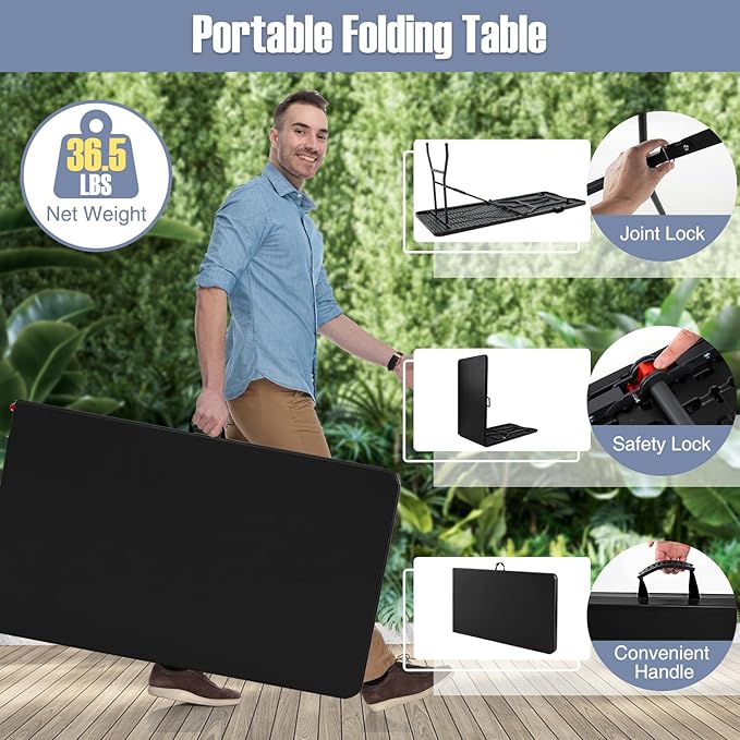 Folding Table, HDPE Portable Table with 8 ft Long Tabletop, Metal Frame Picnic Camping Table with Safe Lock, Collapsible Dining Table for Camping, Picnic, Party (Black, 8 FT)