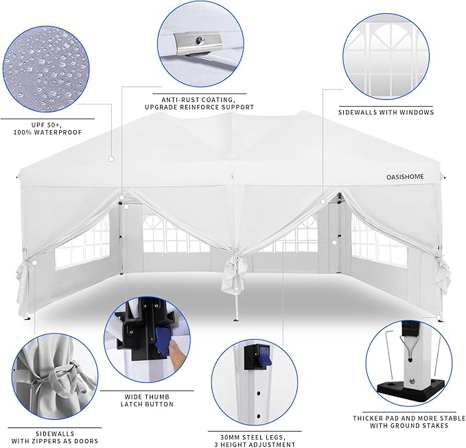OASISHOME Pop-up Gazebo Canopy Tent 10'x20' with 6 Removable Sidewalls, Windows, Stakes, Ropes, Carry Bag,Suitable for Patio, Outdoor, Wedding Parties&Commercial Events (White, 10X20)