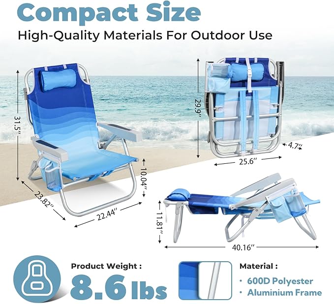 Low Beach Chairs for Adults - 5-Position Lay-Flat Backpack Chair with Large Insulated Cooler & Storage Pocket, Aluminum Frame, Portable for Travel & Outdoor, Supports 300lbs, Wave Blue