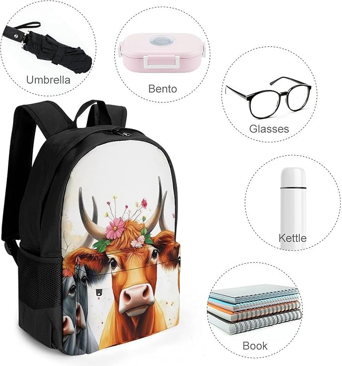 Polyester Daypack Bookbag for Gym Business Bicycle, Large Capacity Multipurpose Anti-Theft Carry On Bag, Cute Highland Cow Family Travel Hiking Daypack