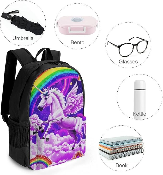 Supdreamc Men Women Polyester Rainbow Unicorn Random Space Galaxy Donuts Daypack Big Capacity Shoulder Bag With Smooth Zippers for Hiking Work Walking Cycling