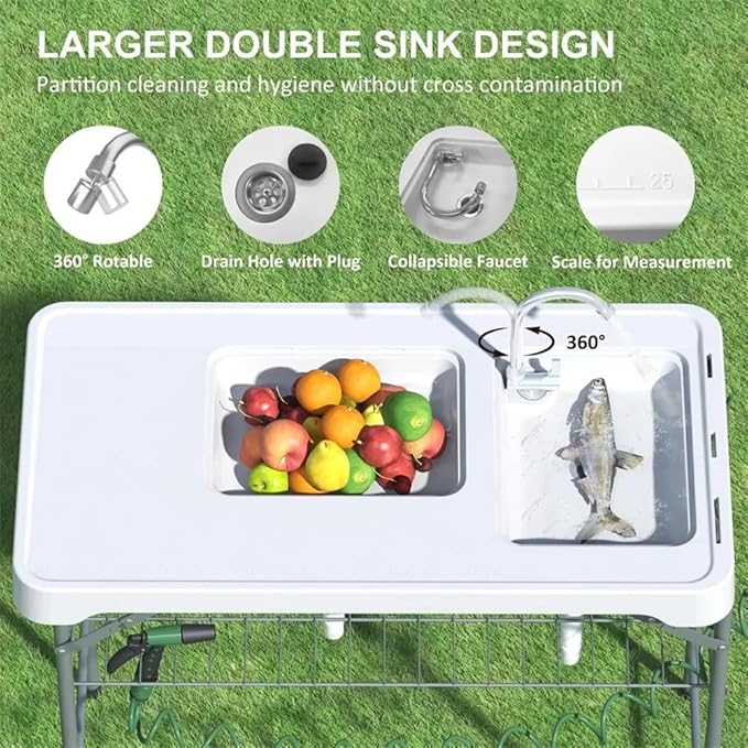 Folding Fish Cleaning Table with 2 Foldable Sinks, 42.5'' Portable Camping Sink Table with Foldable Faucet, Drainage Hose, Sprayer, Storage Box & Grooves, Outdoor Fillet Station for Picnic