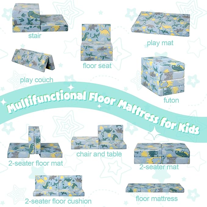 MeMoreCool Foldable Floor Mattress for Kids, Glow Dinosaur Trifold Mat, Kids Folding Mattress Portable Futon, Blue