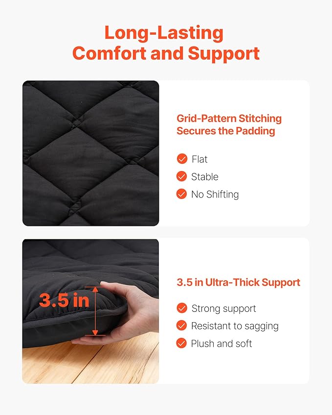 VEVOR 9-Layer Japanese Futon Mattress, 3.5" Thick Queen Tatami Mat, Foldable Roll Up Mattress for Sleeping with Storage Bag, Portable Floor Mattress for Camping Dormitory Yoga, Black