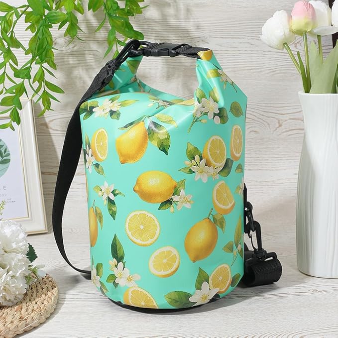Floating Waterproof Dry Bag Backpack 5L Lightweight Lemon Flower Pattern PVC Roll Top Dry Sack for Kayaking Boating Camping Fishing Swimming Beach Rafting Hiking Outdoor Activities