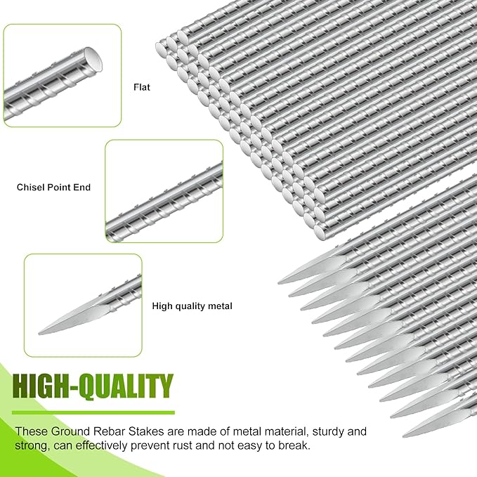 Gisafai 50 Pcs 16 Inch Ground Rebar Stakes Heavy Duty Ground Anchors Steel Plant Support Garden Stake Long Straight Metal Spikes with Chisel Point End for Concrete Timber Garden Plant Tent