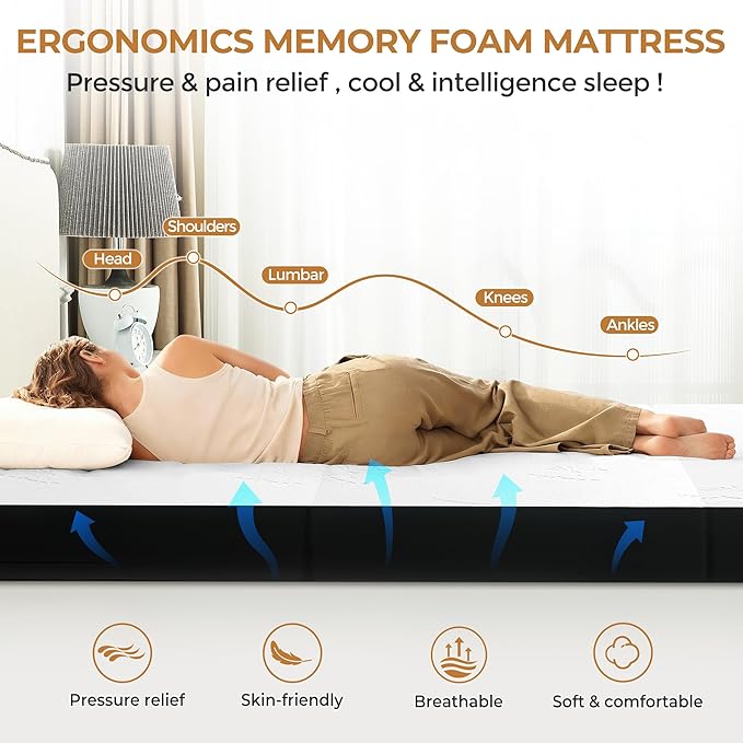 6 Inch Trifold Mattress, Queen Size Foldable Memory Foam Mattress with Viscose Derived from Bamboo Washable Cover, Folding Mattress Topper Floor Bed for Camping, Guest, RV, Ventilated