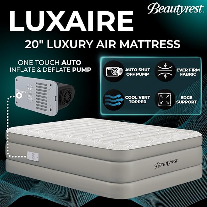 Beautyrest Luxaire, Queen Size Luxury Air Mattress, 20 Inch Height with Cool Vent Top, Smart Auto Shut-Off Pump, Puncture Resistant Ever Firm Fabric with Edge Support