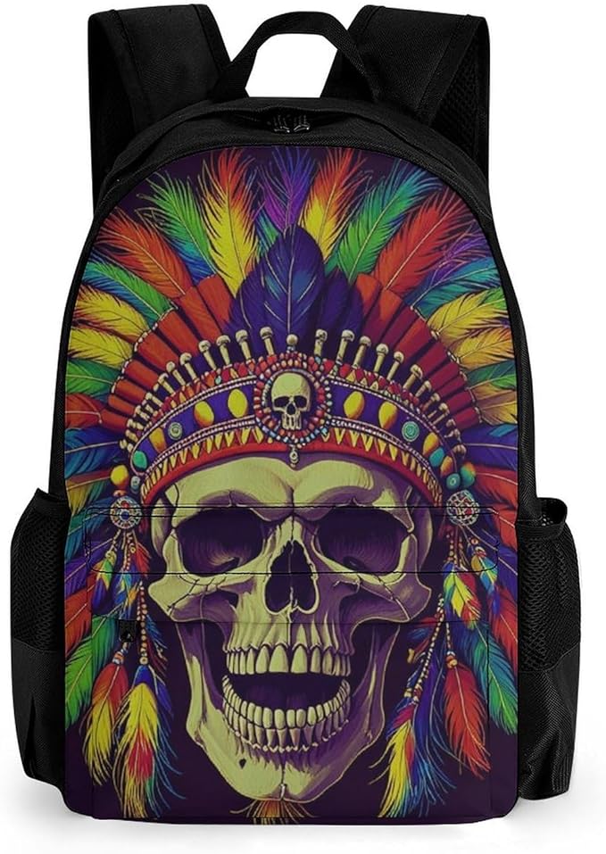 Polyester Daypack Backpack for Trekking Picnic Walking Cycling, Large Capacity Anti-Theft Multipurpose Shoulder Bag, Indian Skull Chief Native Art Casual Daypack