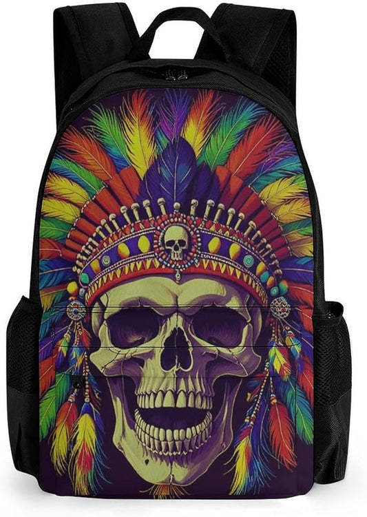 Polyester Daypack Backpack for Trekking Picnic Walking Cycling, Large Capacity Anti-Theft Multipurpose Shoulder Bag, Indian Skull Chief Native Art Casual Daypack