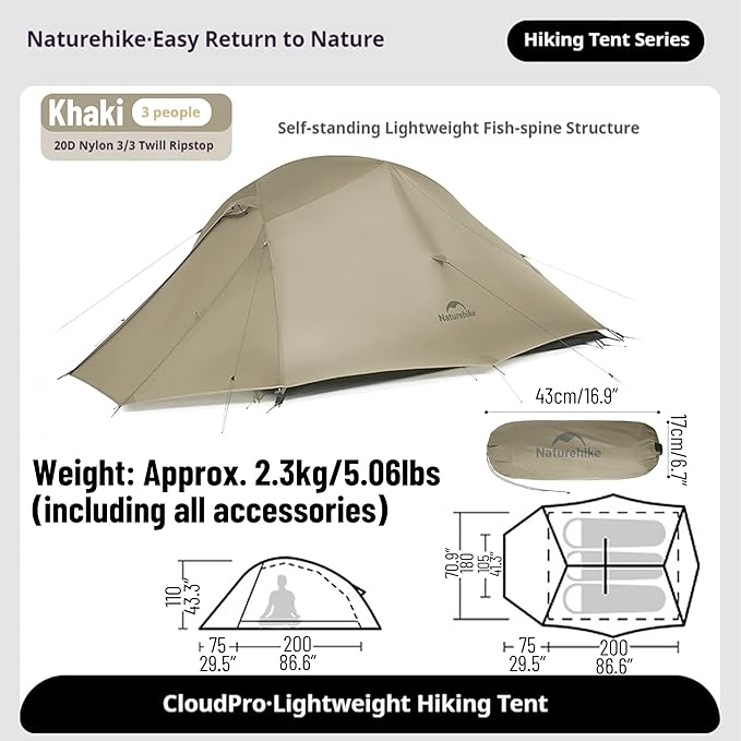 Naturehike Cloud up Pro Camping Tent, 1/2/3 Person Ultralight Tents, 3 Season Backpacking Tent, Waterproof for One Man, Self-Standing Easy Setup for Cycling, Outdoor Camp