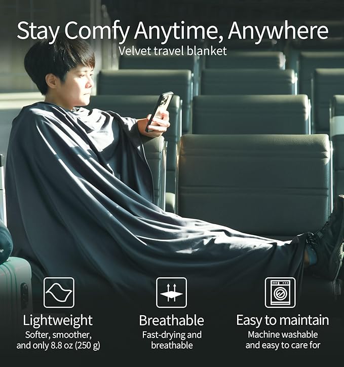 Litume Travel Blanket Lightweight and Breathable, 67 x 48 in Soft Airplane Flight Blanket for Travelers, Foldable Camping Sheet with Stuff Sack for Train, Camp, backpacking, office, home (Velvet E650)