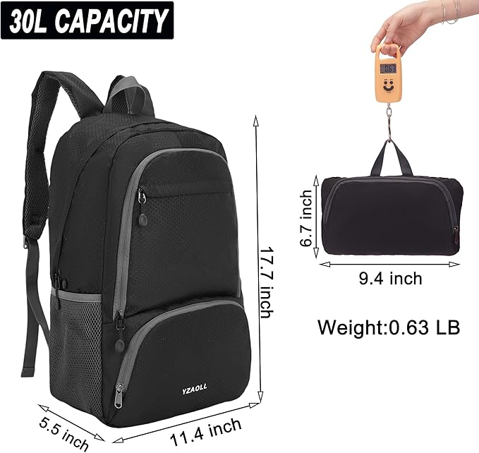YZAOLL 30L Hiking Backpack Lightweight Day Packs, Packable Backpack for Women Men Travel Camping Vacation,Black